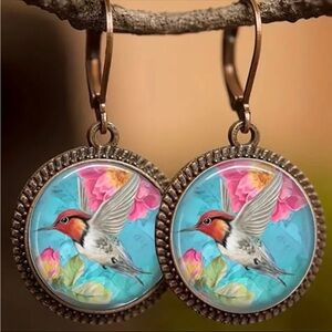Vintage Inspired Floral Hummingbird Brass Earrings